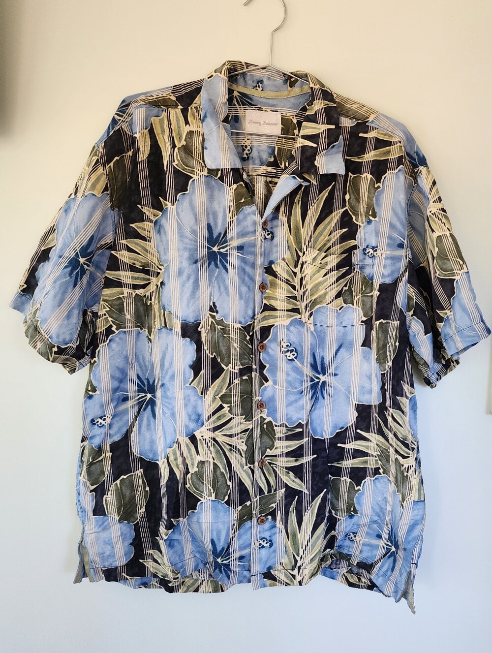 Tommy Bahama Linen Silk Blend Men's Large Blue Tropical Floral Button Down Shirt